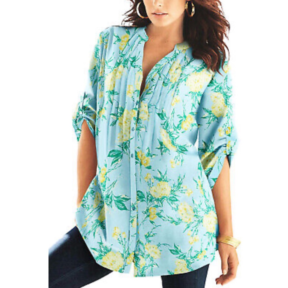 Floral Blue and Yellow Cotton Button Up Tunic